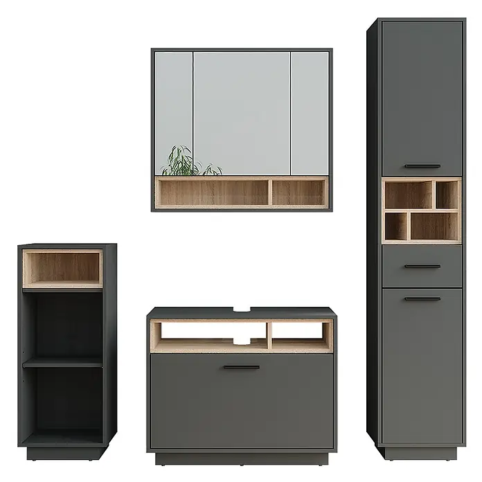 Vicco Badmöbel-Set Beatrice Anthrazit/Sonoma Set 4 - Anthrazit, Matt - Modernes dunkelgraues Badmöbel-Set mit hellen Holzdetails, inklusive Spiegelschrank, Waschbeckenunterschrank und Aufbewahrungsschränken.
