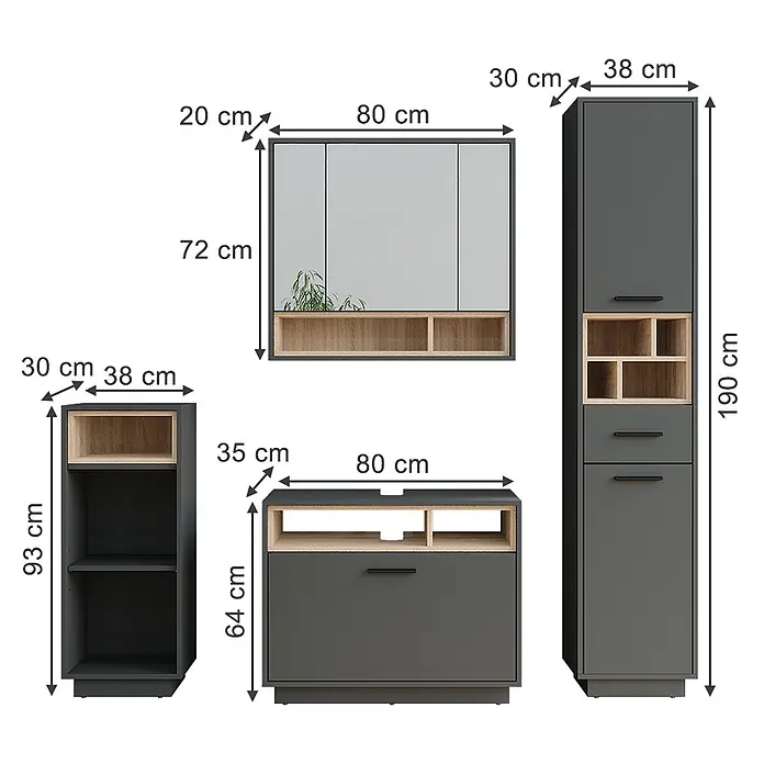 Vicco Badmöbel-Set Beatrice Anthrazit/Sonoma Set 4 - Anthrazit, Matt - Dunkelgraue Badmöbelgarnitur mit Holzdetails, Spiegelschrank, Hochschrank, Unterschrank und offenem Regal, Maße angegeben.