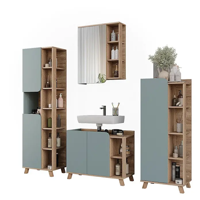 Vicco Badmöbel-Set Karen Sonoma/Blau 4 Teile - Sonoma, Matt - Modernes Badmöbel-Set aus hellem Holz und Türkis, inklusive Waschtisch, Spiegelschrank und hohen Regalschränken mit offenen Fächern.