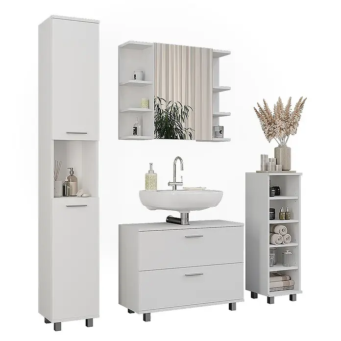 Vicco Badmöbel-Set Ilias Weiß 4 Teile - Weiß, Matt - Weißes Badmöbelset: Hochschrank, Spiegelschrank, Waschtisch mit Waschbecken und offenes Regal.