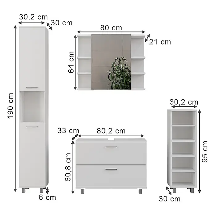Vicco Badmöbel-Set Ilias Weiß 4 Teile - Weiß, Matt - Weißes Badmöbel-Set: Hochschrank, Spiegelschrank, Waschtischunterschrank mit Schubladen und ein niedriges Regal, alle mit Maßen.