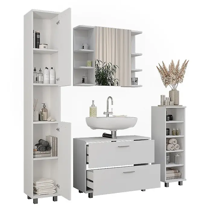 Vicco Badmöbel-Set Ilias Weiß 4 Teile - Weiß, Matt - Weißes Badezimmermöbel-Set mit Waschbeckenunterschrank, Spiegelschrank und verschiedenen Aufbewahrungseinheiten.