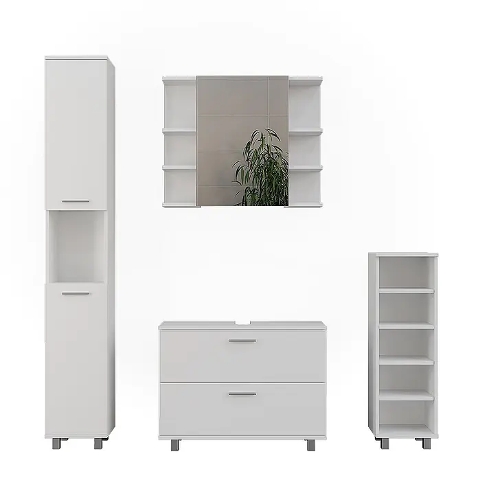 Vicco Badmöbel-Set Ilias Weiß 4 Teile - Weiß, Matt - Weißes Badmöbelset: Hochschrank, Spiegelschrank, Waschtischunterschrank und offenes Regal.