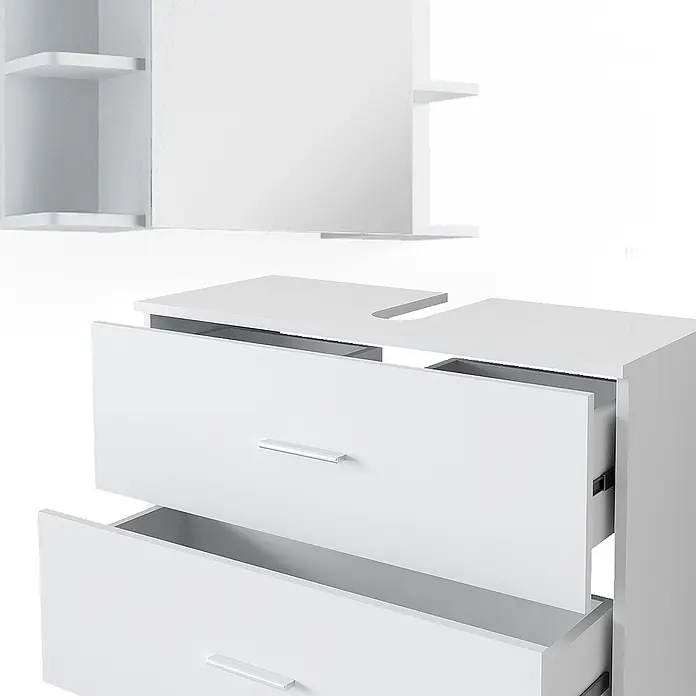 Vicco Badmöbel-Set Ilias Weiß 4 Teile - Weiß, Matt - Weißer Badunterschrank mit zwei teilweise geöffneten Schubladen und Metallgriffen, daneben ein Wandregal.
