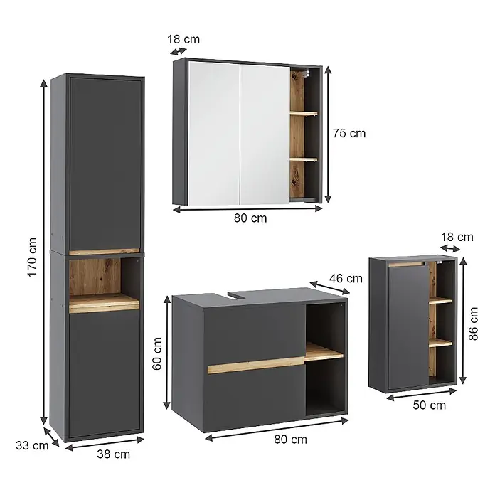 Vicco Badmöbel-Set Viola Grau/Artisan 4 Teile - Grau, Matt - Dunkelgraues Badmöbel-Set mit Holzdetails, bestehend aus Hochschrank, Waschtischunterschrank, Spiegelschrank und Seitenschrank.