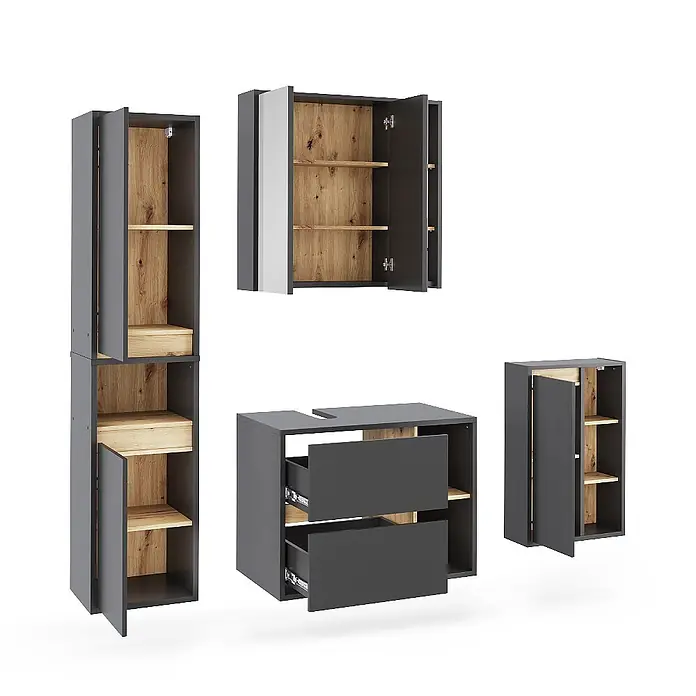 Vicco Badmöbel-Set Viola Grau/Artisan 4 Teile - Grau, Matt - Dunkelgraues Badmöbel-Set mit hellem Holzinterieur, bestehend aus Wandschränken, Spiegelschrank und Waschtischunterschrank mit Schubladen.