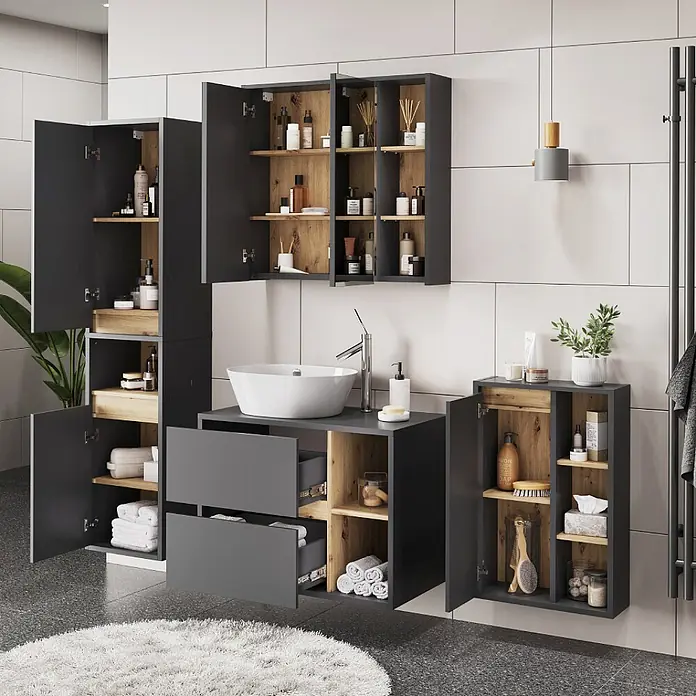 Vicco Badmöbel-Set Viola Grau/Artisan 4 Teile - Grau, Matt - Modernes dunkelgraues Badmöbel-Set mit Naturholz-Interieur, Waschtisch mit weißem Waschbecken und Schränken für Toilettenartikel-Aufbewahrung.