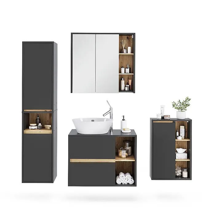 Vicco Badmöbel-Set Viola Grau/Artisan 4 Teile - Grau, Matt - Dunkelgraue Badmöbelgarnitur mit Holzdetails, bestehend aus Hochschrank, Waschtisch mit Waschbecken, Spiegelschrank und Seitenschrank.