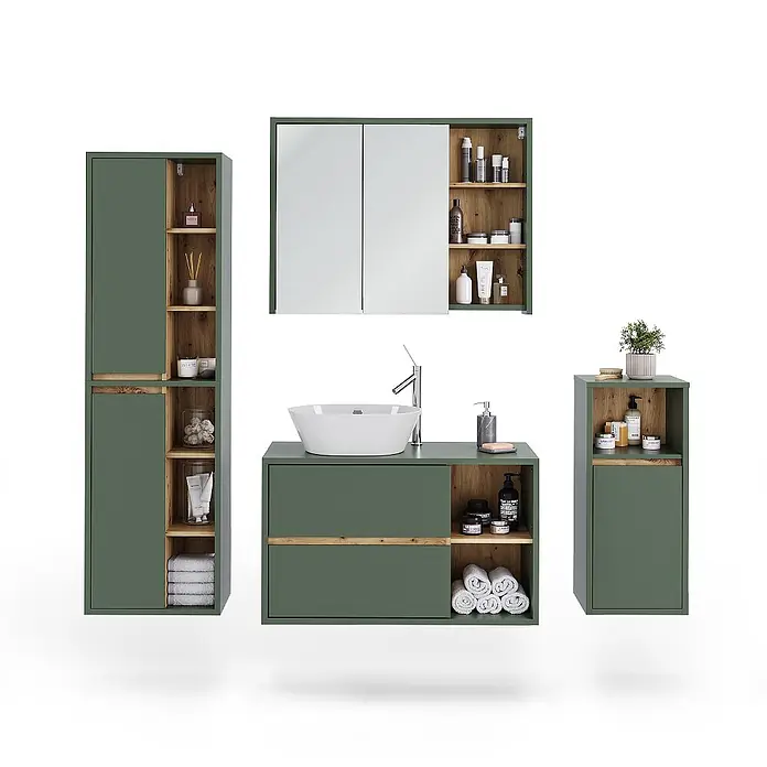 Vicco Badmöbel-Set Viola Grün/Artisan 4 Teile - Grün, Matt - Grünes Badmöbel-Set mit Holz-Akzenten, inklusive Waschtisch, Spiegelschrank und Stauraum-Elementen.