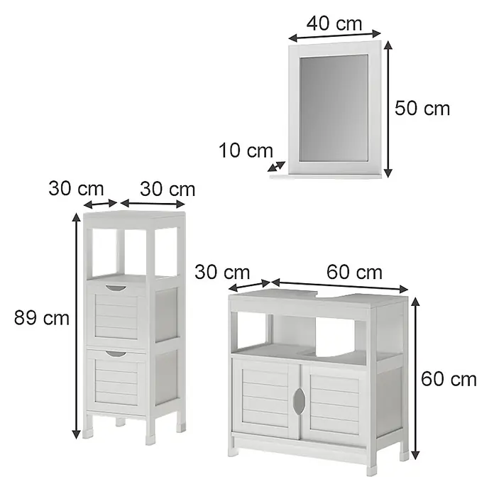 Vicco Badmöbel-Set Vilda Weiß 3 Teile - Weiß, Matt - Weißes Badezimmermöbelset aus Holz: Hochschrank, Waschtischunterschrank und Wandspiegel mit Ablage.