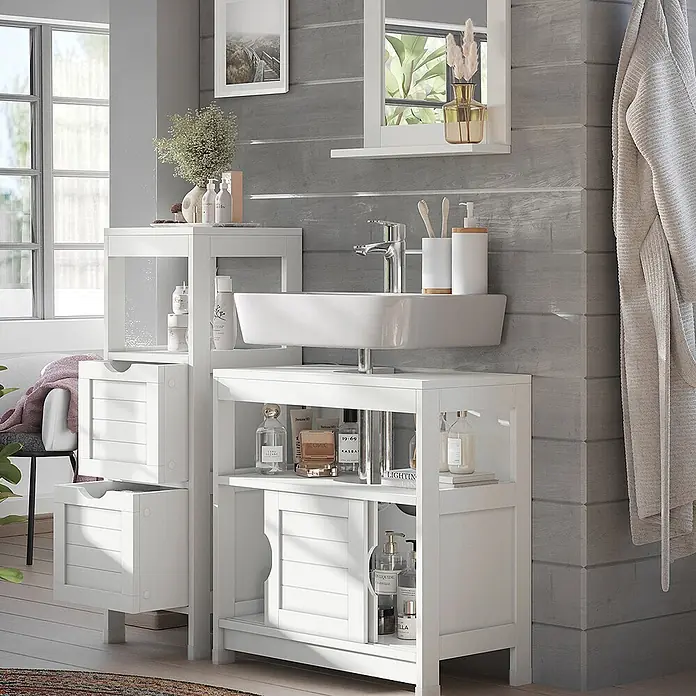 Vicco Badmöbel-Set Vilda Weiß 3 Teile - Weiß, Matt - Weißer Badschrank mit Waschbecken und passendem Aufbewahrungsschrank aus Holz.