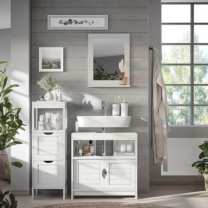 Vicco Badmöbel-Set Vilda Weiß 3 Teile - Weiß, Matt - Weißer Badezimmerschrank mit Waschbecken und passendem Hochschrank, mit Lamellentüren und Schubladen.