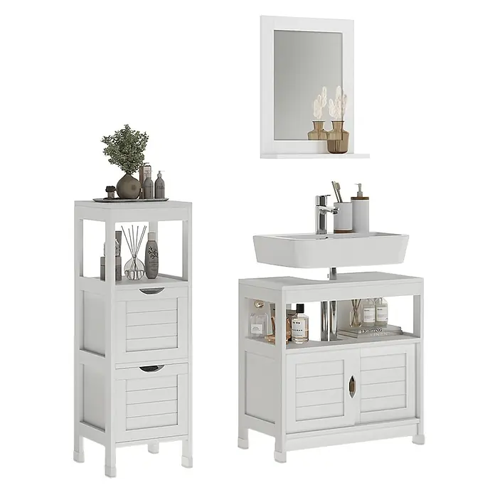 Vicco Badmöbel-Set Vilda Weiß 3 Teile - Weiß, Matt - Weißes Badezimmermöbel-Set aus Holz mit Hochschrank, Wandspiegel und Waschtischunterschrank. Lamellentüren und Schubladen bieten funktionalen Stauraum.