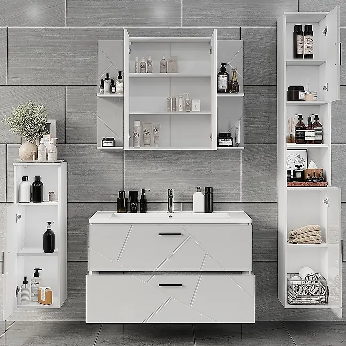 Vicco Badmöbel-Set Irma Weiß/Weiß Hochglanz 5 Teile - Weiß, Glänzend - Weißer Badschrank mit integriertem Waschbecken und geometrischen Schubladenfronten, Spiegelschrank und zwei Hochschränken.