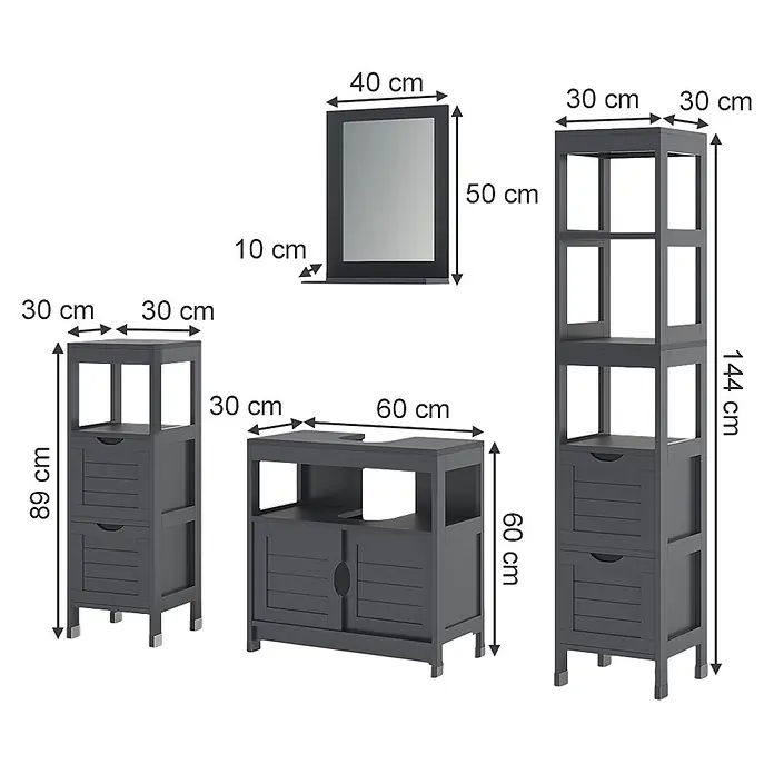 Vicco Badmöbel-Set Vilda Grau 4 Teile - Grau, Matt - Dunkelgraues Badmöbel-Set: zwei Hochschränke, ein Waschtischunterschrank und ein Spiegelschrank mit Maßen.