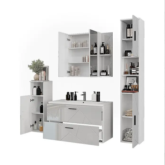 Vicco Badmöbel-Set Irma Weiß/Weiß Hochglanz 5 Teile - Weiß, Glänzend - Glänzendes weißes Badezimmermöbel-Set mit geometrischem Muster, inklusive Waschtisch, Hängeschrank und Hochschränken.