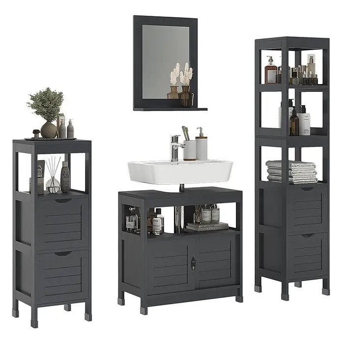 Vicco Badmöbel-Set Vilda Grau 4 Teile - Grau, Matt - Dunkelgraues Badezimmermöbel-Set aus Holz mit Waschtisch, hohem und niedrigem Badschrank sowie Wandspiegel mit Ablage.