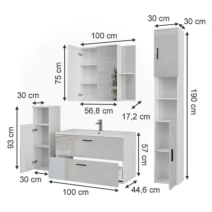 Vicco Badmöbel-Set Irma Weiß/Weiß Hochglanz 5 Teile - Weiß, Glänzend - Weißes Badmöbel-Set mit geometrischem Muster, bestehend aus Waschtisch, Spiegelschrank und zwei Hochschränken.