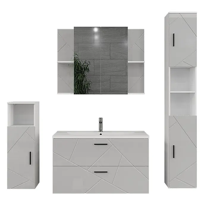 Vicco Badmöbel-Set Irma Weiß/Weiß Hochglanz 5 Teile - Weiß, Glänzend - Modernes hellgraues Badmöbelset mit geometrischem Muster, bestehend aus Waschtisch, Spiegelschrank und zwei Hochschränken.
