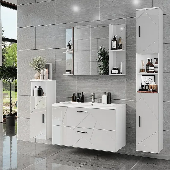 Vicco Badmöbel-Set Irma Weiß/Weiß Hochglanz 5 Teile - Weiß, Glänzend - Weißes, glänzendes Badezimmermöbel-Set mit Waschbecken, Schubladen, Wandschränken und Spiegelschrank, modernem geometrischem Muster.