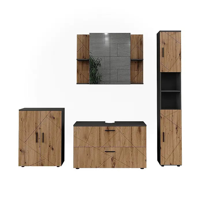 Vicco Badmöbel-Set Irma Anthrazit/Artisan 4 Teile - Anthrazit, Matt - Modernes Badmöbel-Set mit geometrischer Holzoptik und dunklen Akzenten, bestehend aus Spiegelschrank, Waschtischunterschrank und Hochschränken.
