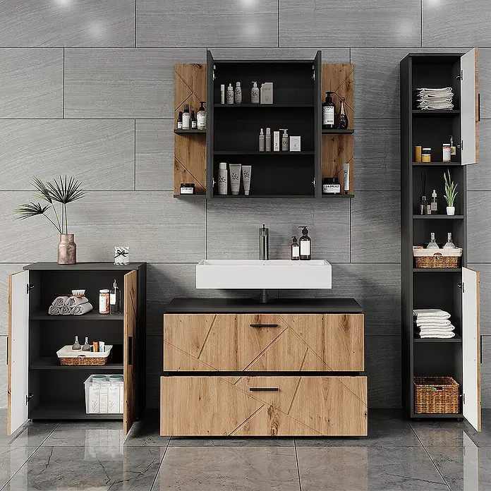 Vicco Badmöbel-Set Irma Anthrazit/Artisan 4 Teile - Anthrazit, Matt - Modernes Badmöbelset mit dunkelgrauen Schränken und Holzfronten mit geometrischem Muster, inklusive Waschtisch und Stauraum.