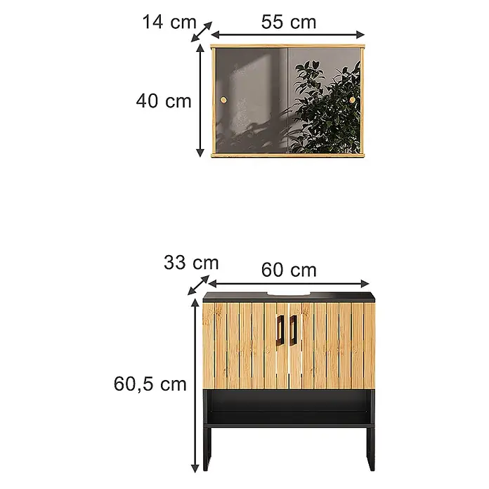 Vicco Badmöbel-Set Vayra Bambus 2 Teile - Bambus, Matt - Badezimmer-Spiegelschrank (55x40x14cm) und passender Waschtischunterschrank (60x60,5x33cm) aus Holz mit schwarzen Akzenten.