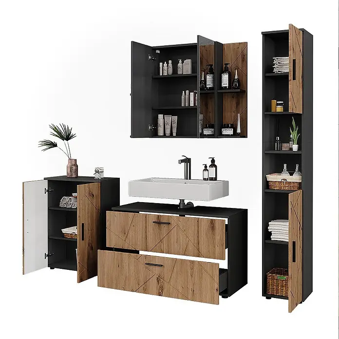 Vicco Badmöbel-Set Irma Anthrazit/Artisan 4 Teile - Anthrazit, Matt - Badezimmermöbel-Set mit Waschbecken, bestehend aus dunkelgrauen und geometrischen Holzoptik-Schränken, Schubladen und Regalen.