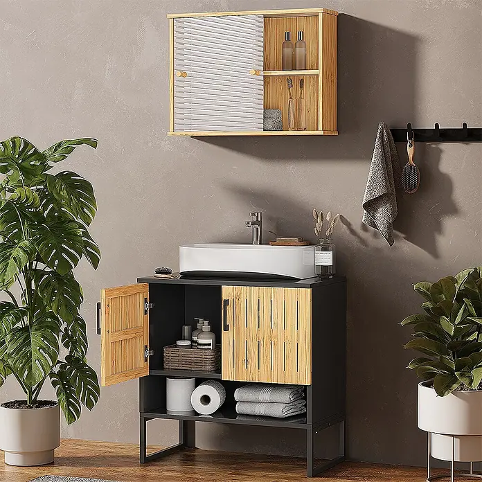 Vicco Badmöbel-Set Vayra Bambus 2 Teile - Bambus, Matt - Moderner Badezimmer-Waschtisch in Dunkelgrau mit Bambusakzenten, weißem Waschbecken und passendem Wandschrank.