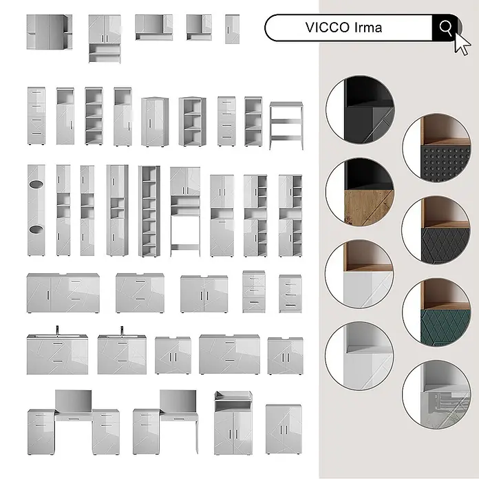 Vicco Badmöbel-Set Irma Anthrazit/Artisan 4 Teile - Anthrazit, Matt - VICCO Irma modulare Möbelkollektion mit glänzend weißen Schränken, Regalen und Schreibtischen, zeigt Konfigurationen und Farb-/Texturoptionen.