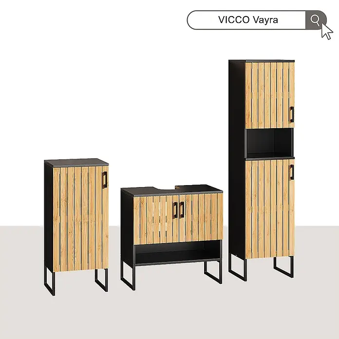 Vicco Badmöbel-Set Vayra Bambus 2 Teile - Bambus, Matt - VICCO Vayra Badmöbel-Set mit schwarzen Rahmen und Lamellentüren aus Naturholz, bestehend aus Hochschrank, Waschbeckenunterschrank und Seitenschrank.