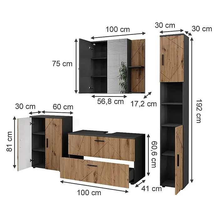 Vicco Badmöbel-Set Irma Anthrazit/Artisan 4 Teile - Anthrazit, Matt - Modernes Badmöbelset in Dunkelgrau und Holzoptik, bestehend aus Hängeschrank, Waschtischunterschrank und hohem Seitenschrank.