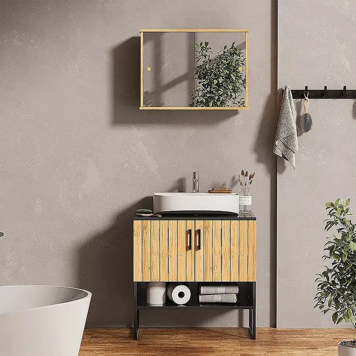 Vicco Badmöbel-Set Vayra Bambus 2 Teile - Bambus, Matt - Modernes Badmöbelset aus Bambus und schwarzem Metall mit weißem Waschbecken und passendem Spiegelschrank im Bad.