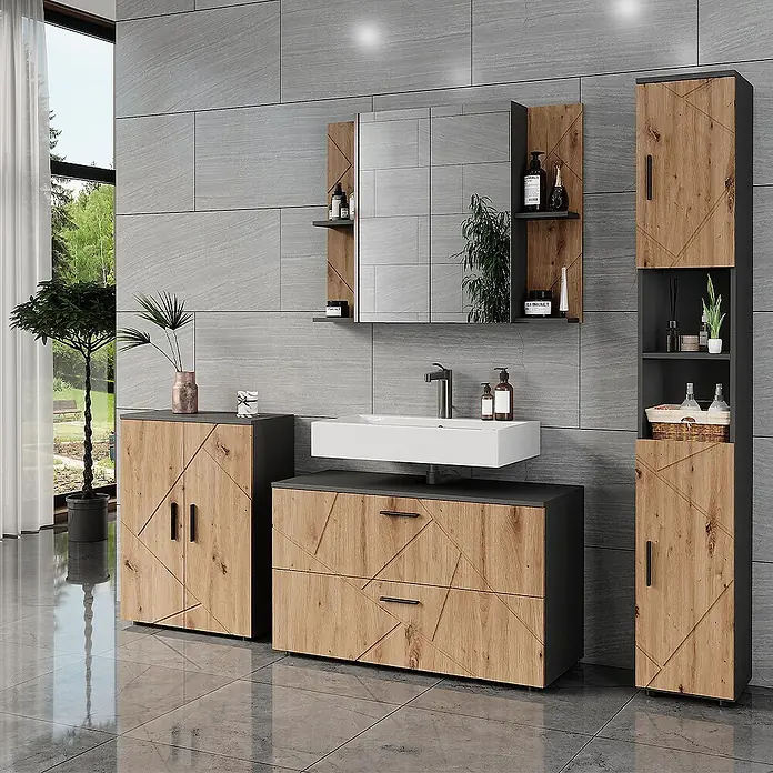 Vicco Badmöbel-Set Irma Anthrazit/Artisan 4 Teile - Anthrazit, Matt - Modernes Badezimmermöbel-Set mit hellen Holzfronten im Geometriemuster und dunkelgrauen Elementen, inklusive Waschtisch, Spiegelschrank und Aufbewahrungsschränken.