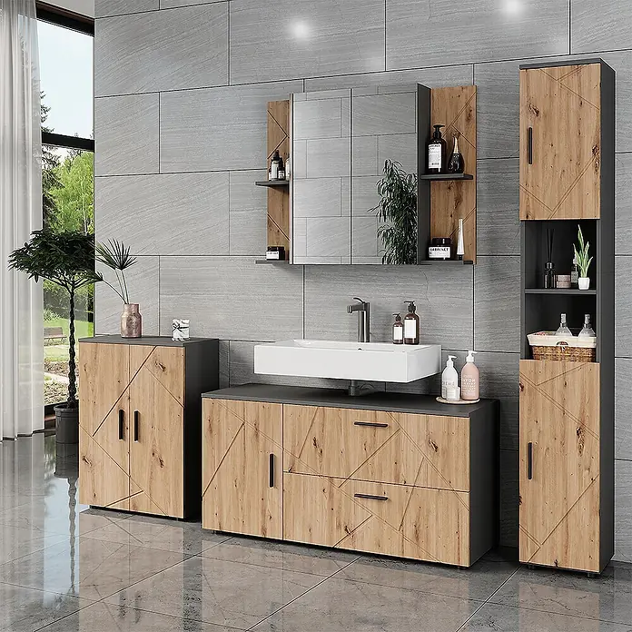 Vicco Badmöbel-Set Irma Anthrazit/Artisan 4 Teile - Anthrazit, Matt - Modernes Badezimmermöbelset aus Holzdekor mit geometrischen Mustern, dunkelgrauen Akzenten und Spiegelschrank.