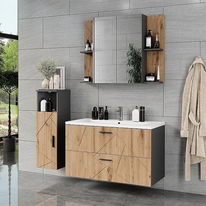 Vicco Badmöbel-Set Irma Anthrazit/Artisan 4 Teile - Anthrazit, Matt - Modernes Badezimmermöbel-Set mit Holzoptik-Fronten, geometrischem Muster, dunkelgrauem Rahmen, Waschtisch, Spiegelschrank und Beistellschrank.