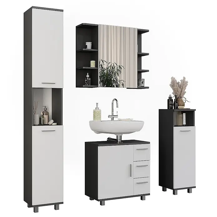 Vicco Badmöbel-Set Ilias Anthrazit/Weiß 4 Teile - Anthrazit, Matt - Modernes schwarz-weißes Badmöbelset mit Hochschrank, Waschtisch mit Waschbecken, Spiegelschrank und Beistellschrank.