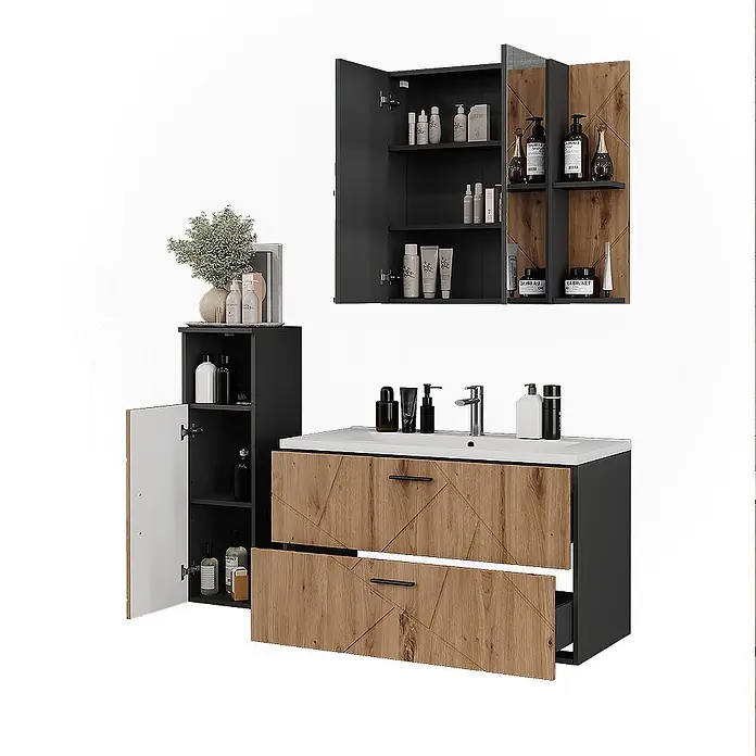 Vicco Badmöbel-Set Irma Anthrazit/Artisan 4 Teile - Anthrazit, Matt - Modernes Badezimmermöbel-Set: weißes Waschbecken, dunkelgraue Schränke mit Holzoptik-Fronten, Hochschrank und Wandschrank.