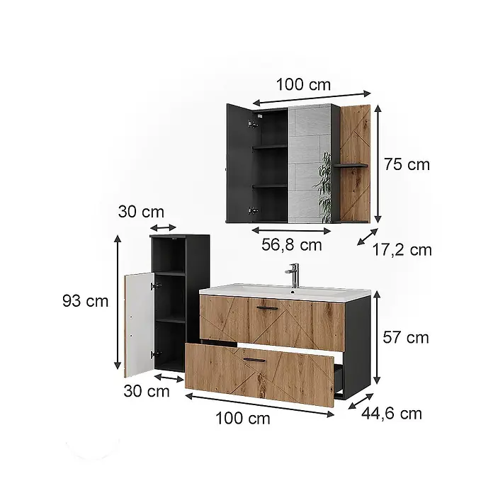 Vicco Badmöbel-Set Irma Anthrazit/Artisan 4 Teile - Anthrazit, Matt - Ein Badezimmer-Möbelset mit Waschbeckenunterschrank, Wandschrank und Hochschrank in Dunkelgrau und hellem Holz mit geometrischem Muster.