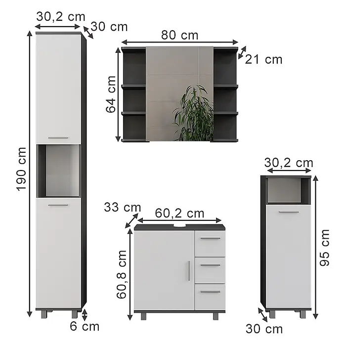 Vicco Badmöbel-Set Ilias Anthrazit/Weiß 4 Teile - Anthrazit, Matt - Weiß-dunkelgraues Badmöbel-Set mit verschiedenen Schränken und Wandregal, inklusive Maßen.