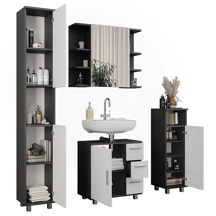 Vicco Badmöbel-Set Ilias Anthrazit/Weiß 4 Teile - Anthrazit, Matt - Schwarzes und weißes Badmöbelset mit Hochschränken, einem Waschtisch mit Waschbecken und einem Spiegelschrank.
