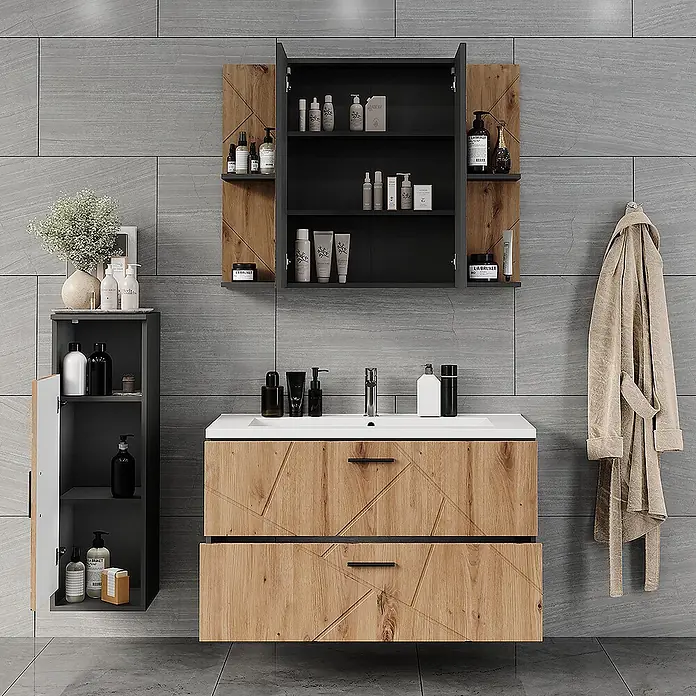 Vicco Badmöbel-Set Irma Anthrazit/Artisan 4 Teile - Anthrazit, Matt - Modernes Badezimmermöbel-Set: Holzoptik mit geometrischem Muster, weißes Waschbecken sowie passende Wand- und Seitenschränke.