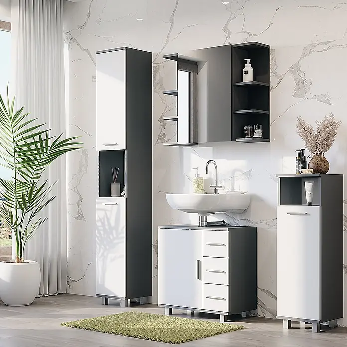 Vicco Badmöbel-Set Ilias Anthrazit/Weiß 4 Teile - Anthrazit, Matt - Modernes Badmöbelset in Weiß und Dunkelgrau mit Waschbeckenunterschrank, Spiegelschrank und Hochschrank.