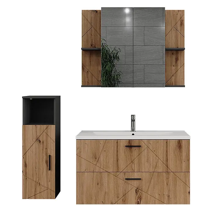 Vicco Badmöbel-Set Irma Anthrazit/Artisan 4 Teile - Anthrazit, Matt - Geometrisch gemusterter Badmöbelset aus Holz mit Waschtisch, weißem Waschbecken, Chromarmatur, Hochschrank und grau gefliester Wand mit Holz-Akzenten.