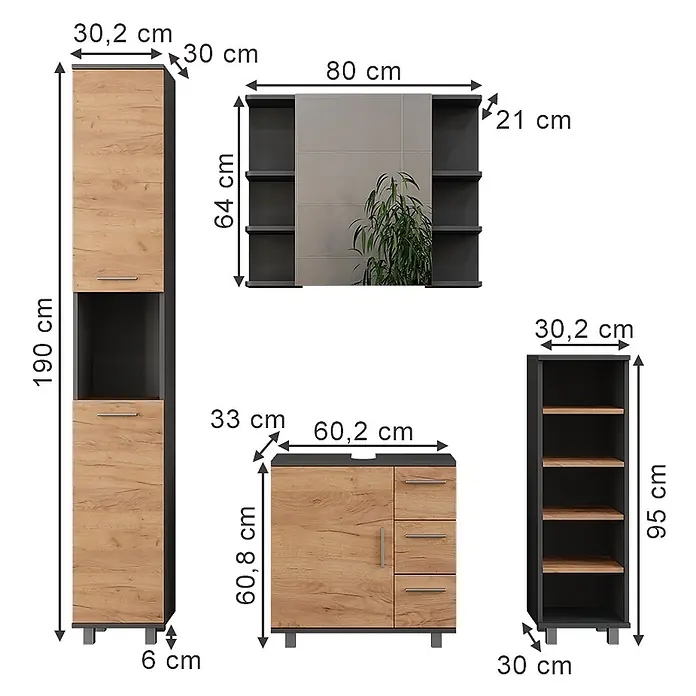 Vicco Badmöbel-Set Ilias Anthrazit/Goldkraft Eiche 4 Teile - Anthrazit, Matt - Set aus vier modernen Badmöbeln: Hochschrank, Spiegelschrank, Waschtischunterschrank und offenes Regal, in Dunkelgrau und heller Holzoptik.