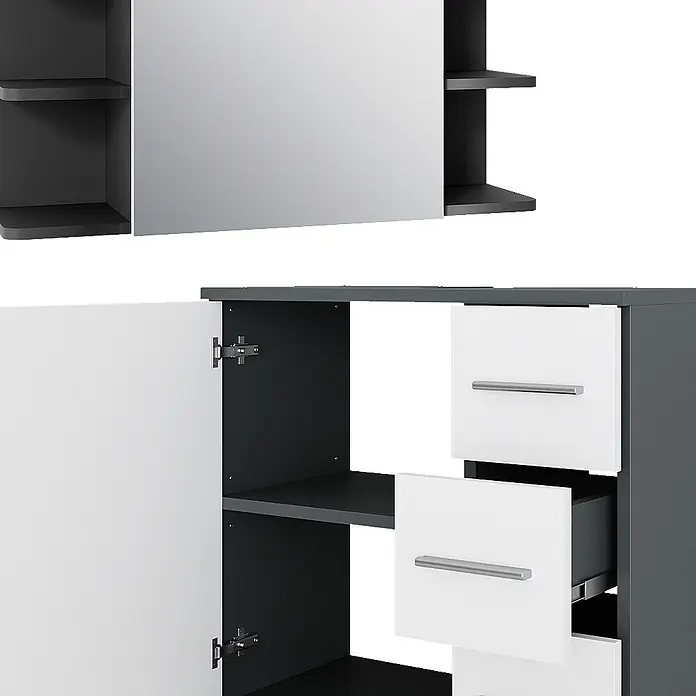 Vicco Badmöbel-Set Ilias Anthrazit/Weiß 4 Teile - Anthrazit, Matt - Anthrazit-weißes zweiteiliges Stauraumset: oberer Spiegelschrank mit offenen Fächern, Unterschrank mit Tür und mehreren Schubladen.