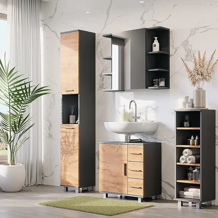 Vicco Badmöbel-Set Ilias Anthrazit/Goldkraft Eiche 4 Teile - Anthrazit, Matt - Modernes Badmöbel-Set mit dunkelgrauen Rahmen und hellen Holzfronten, bestehend aus Hochschrank, Waschtischunterschrank und Regal.