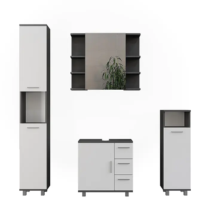 Vicco Badmöbel-Set Ilias Anthrazit/Weiß 4 Teile - Anthrazit, Matt - Weiß-dunkelgraues Badezimmermöbelset: Hochschrank, Spiegelschrank mit Ablagen, Waschtischunterschrank und Kompaktschrank.