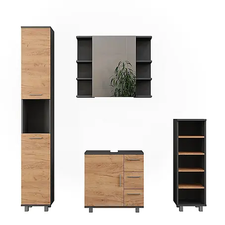 Vicco  Badmöbel-Set Ilias Anthrazit/Goldkraft Eiche 4 Teile