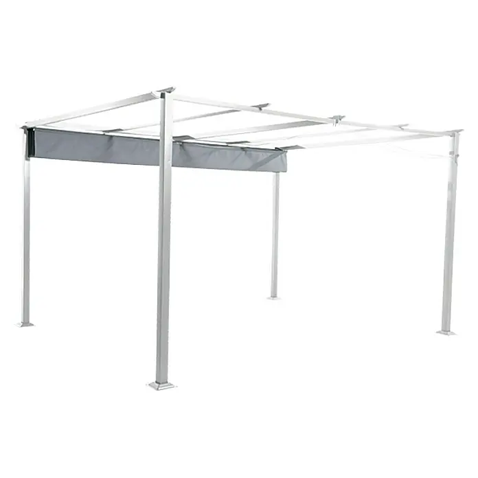 Sunfun Jakarta Pérgola con toldo corredero - An x Pr: 400 x 300 cm, Color del techo: Gris, Color del armazón: Blanco - Una pérgola sencilla de color plateado con paneles laterales grises parcialmente extendidos ofrece sombra y protección. Ideal para el jardín.